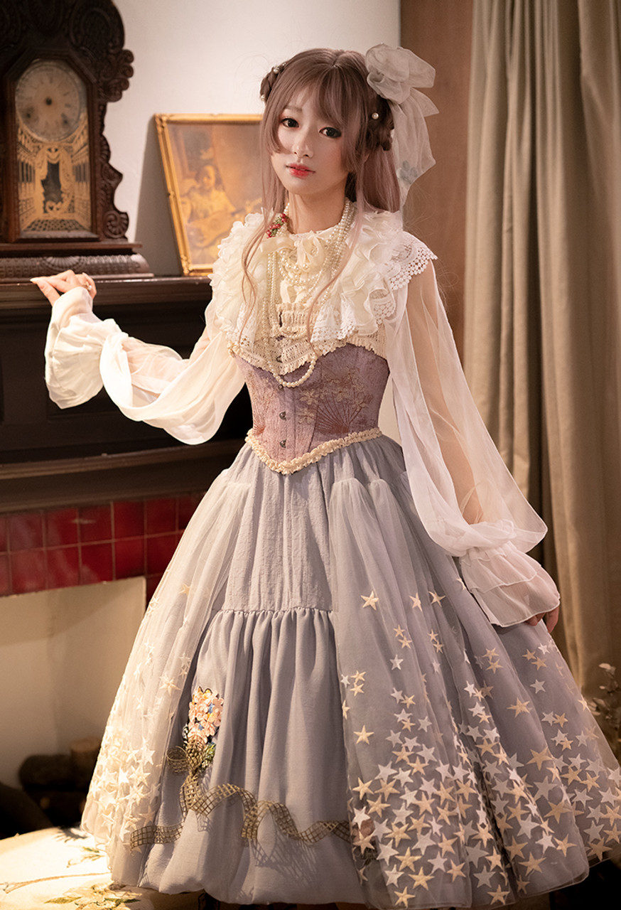 Les Sylphides, Classic Lolita Elegant Casual Long Sleeves Cotton Shirt  Dress & Fairy Oversize Soft Tulle Overdress & Chic Waist Belt Set*2colors