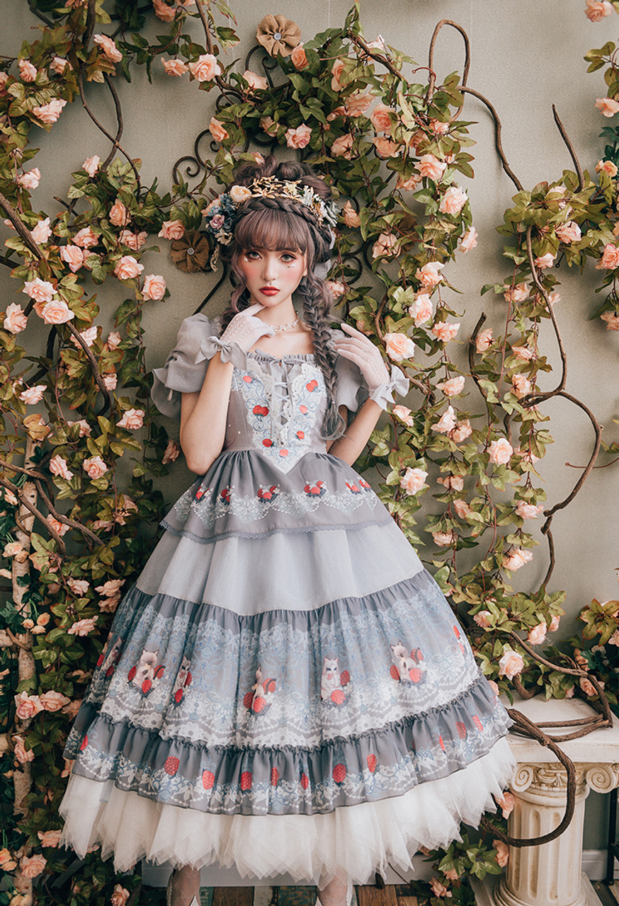 Classic Lolita Fashion Elegant Refined Fairy Short Sleeves Chic Floral  Embroidery Tiered Bottom Midi Dress