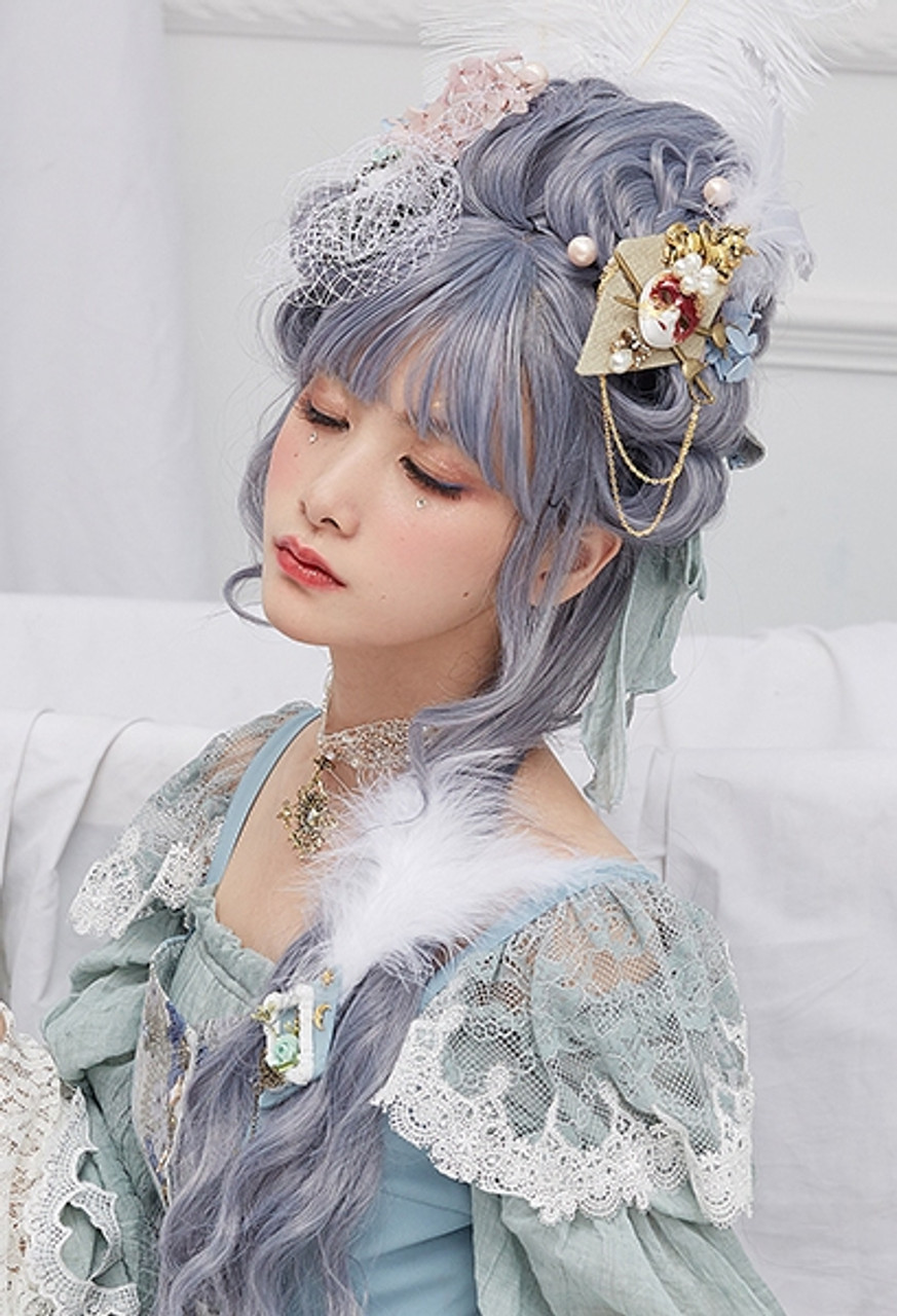 Gray Crying Eyes Printed Dress(Brooch Not Included) Under the Rose, Chic Fashion Clown Mask Flower Frame Feather