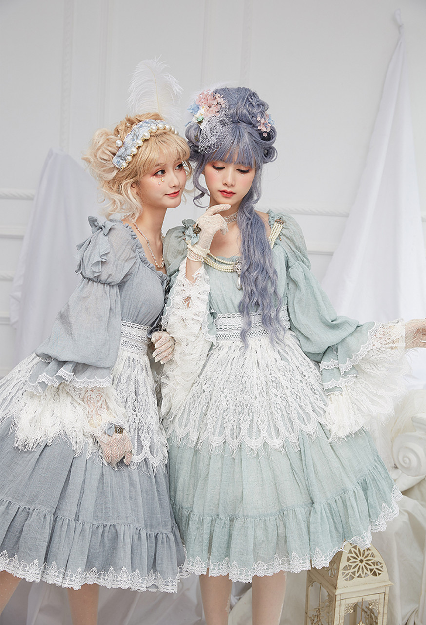Sweet Lolita Wedding OP Dress Floral Print Light Gray Flowers Bows Lolita  One Piece Dresses