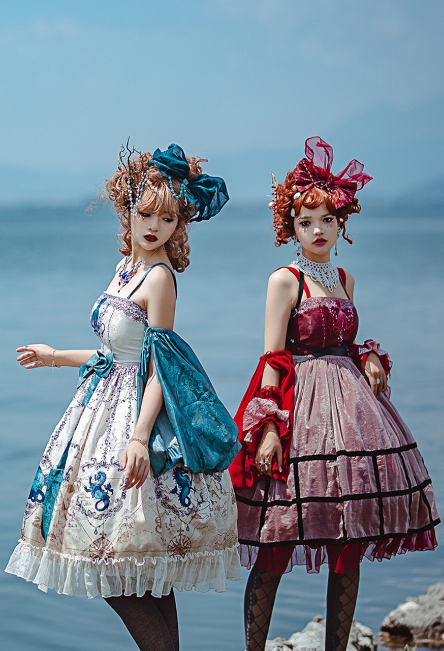Oviparity, Gothic Lolita Refined Sea Creatures Patterned Casual Sleeveless  Midi Dress Fashion JSK and Handmade Big Bowknot Brooch