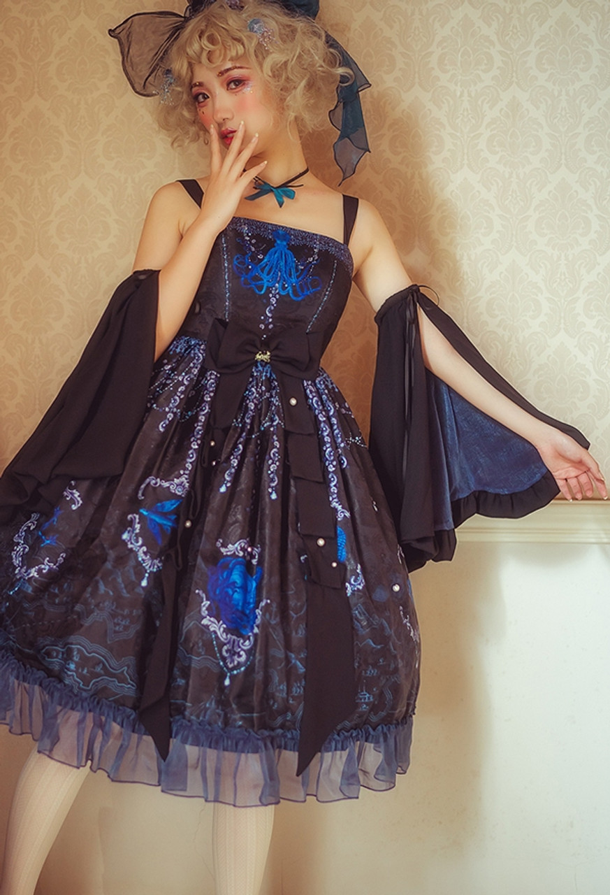 Gothic Satin Lolita Blue Corset Top With Lace Off Shoulder Sleeves