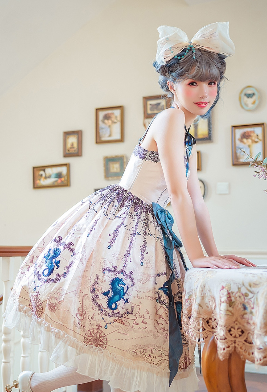 Oviparity, Gothic Lolita Refined Sea Creatures Patterned Casual Sleeveless  Midi Dress Fashion JSK and Handmade Big Bowknot Brooch