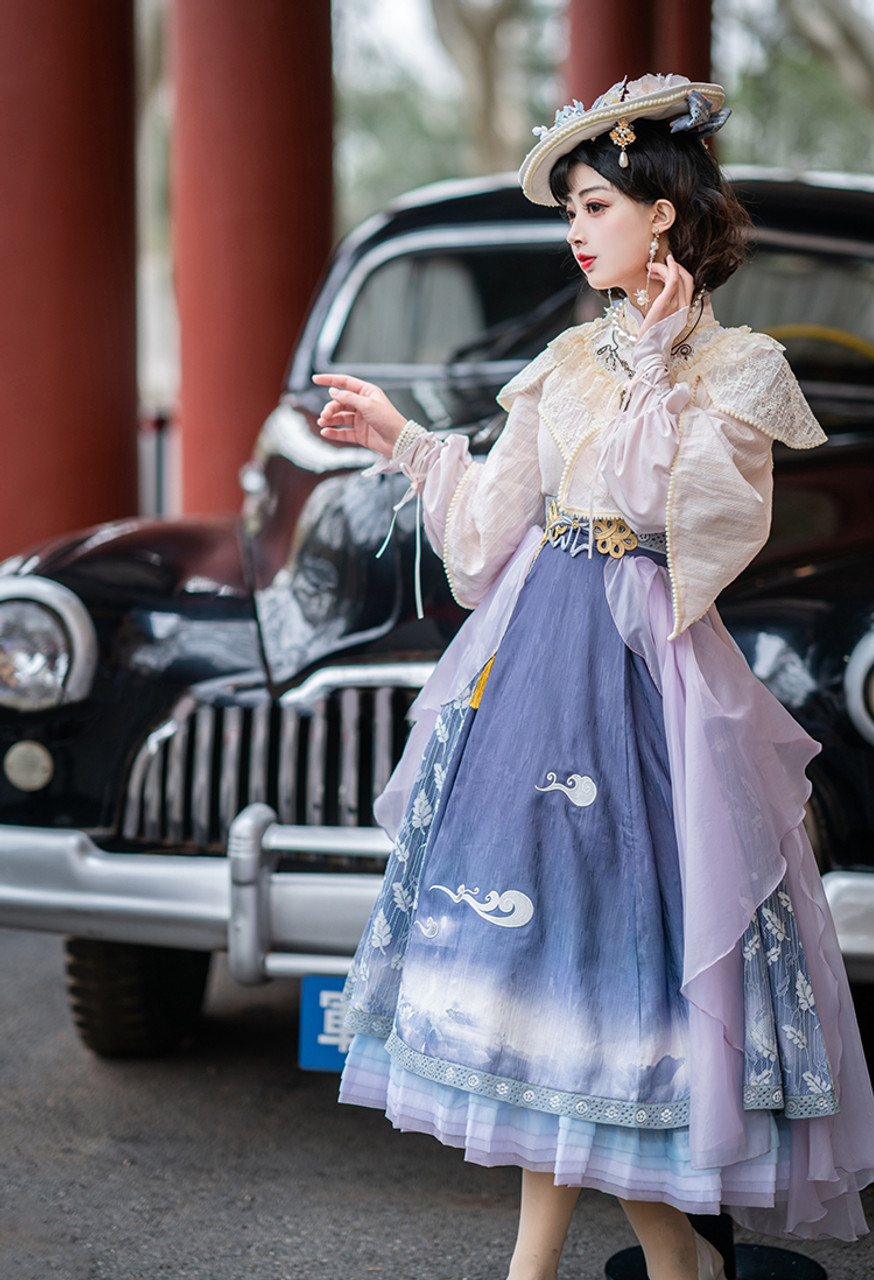 Lotus Campus, New Chinese Fashion Lolita Long Sleeves False 2pcs One-Piece,  Lace Short Cape, Ethereal Skirt Piece & Handmade Beret, Refined 4pcs Dress