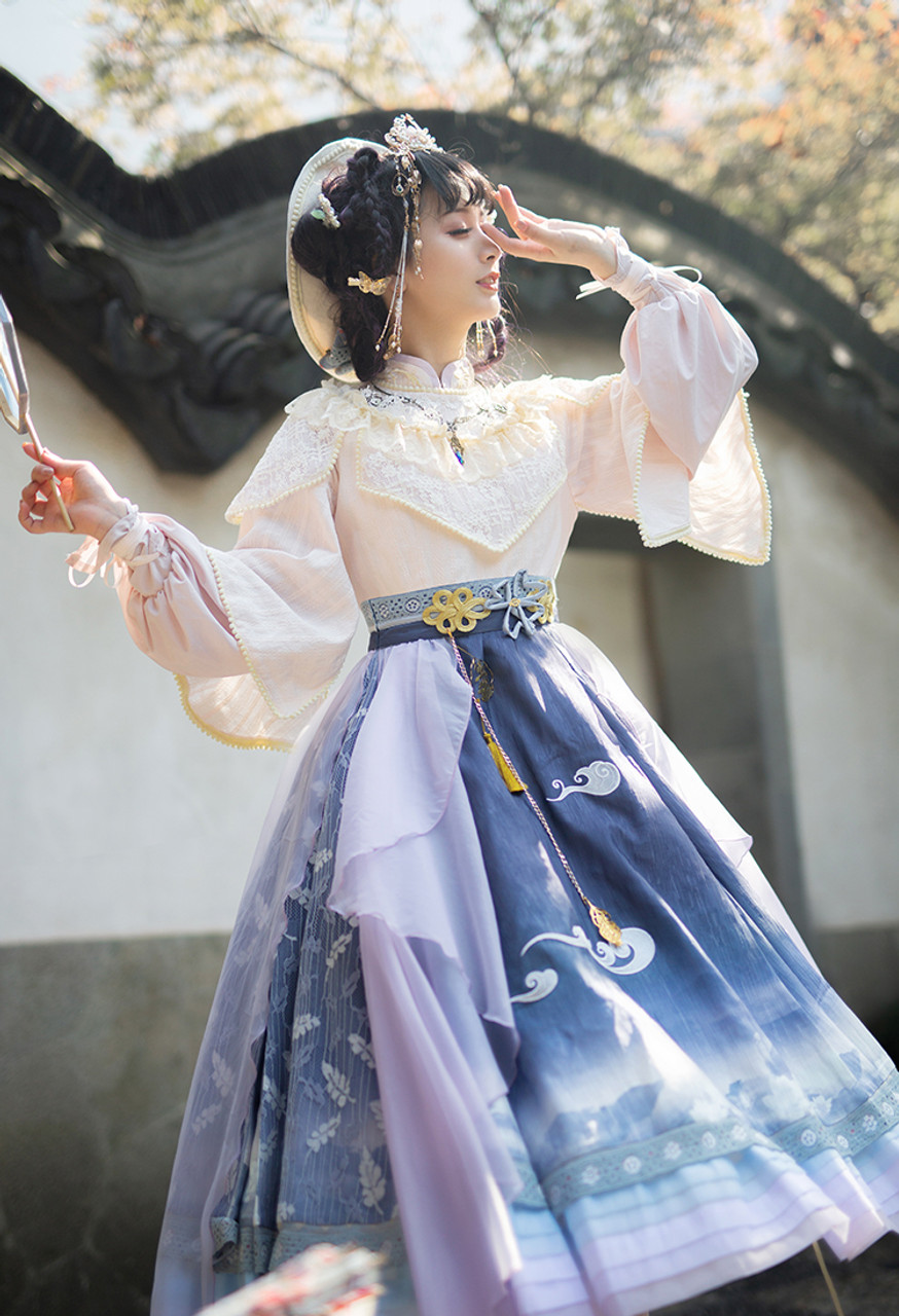 Lotus Campus, New Chinese Fashion Lolita Long Sleeves False 2pcs One-Piece,  Lace Short Cape, Ethereal Skirt Piece & Handmade Beret, Refined 4pcs Dress