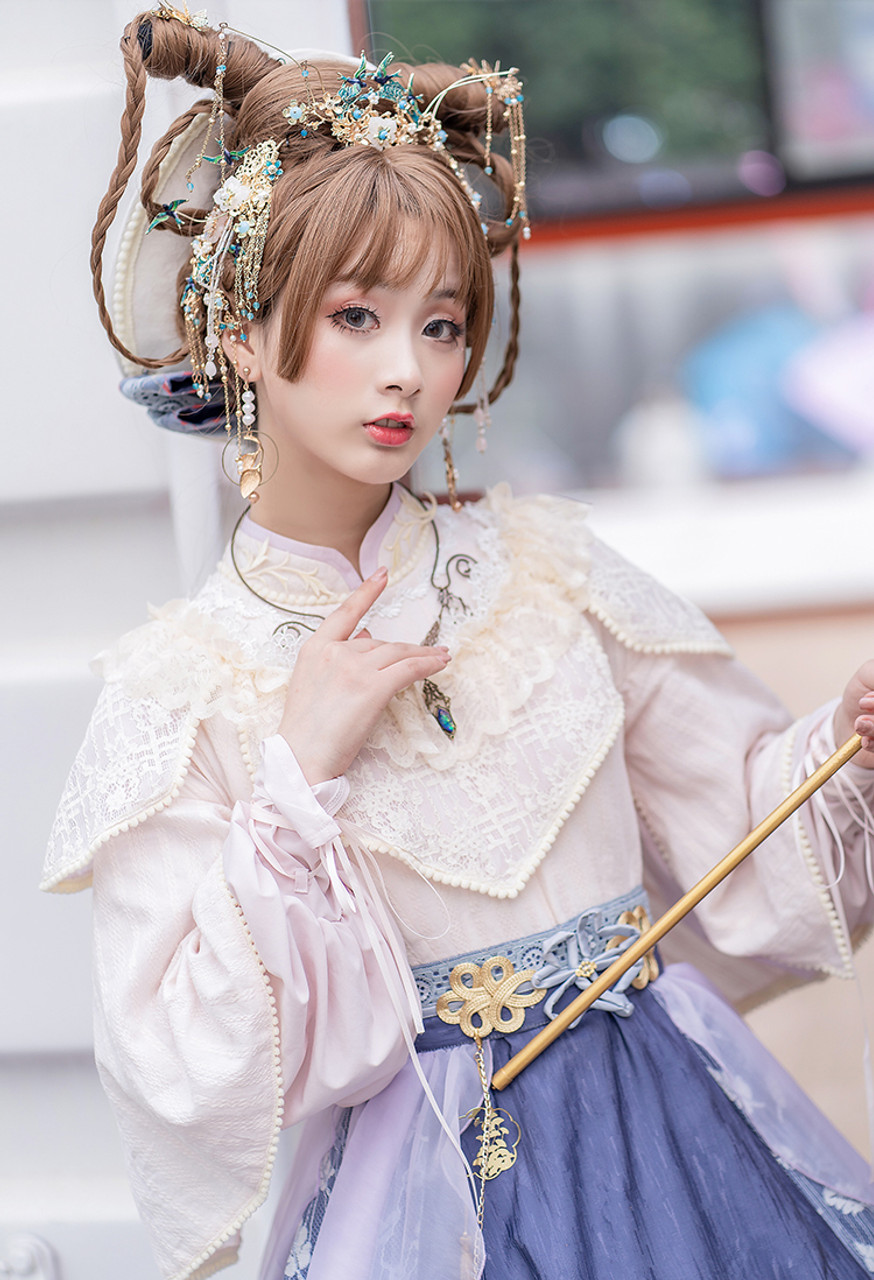 Lotus Campus, New Chinese Fashion Lolita Long Sleeves False 2pcs One-Piece,  Lace Short Cape, Ethereal Skirt Piece & Handmade Beret, Refined 4pcs Dress