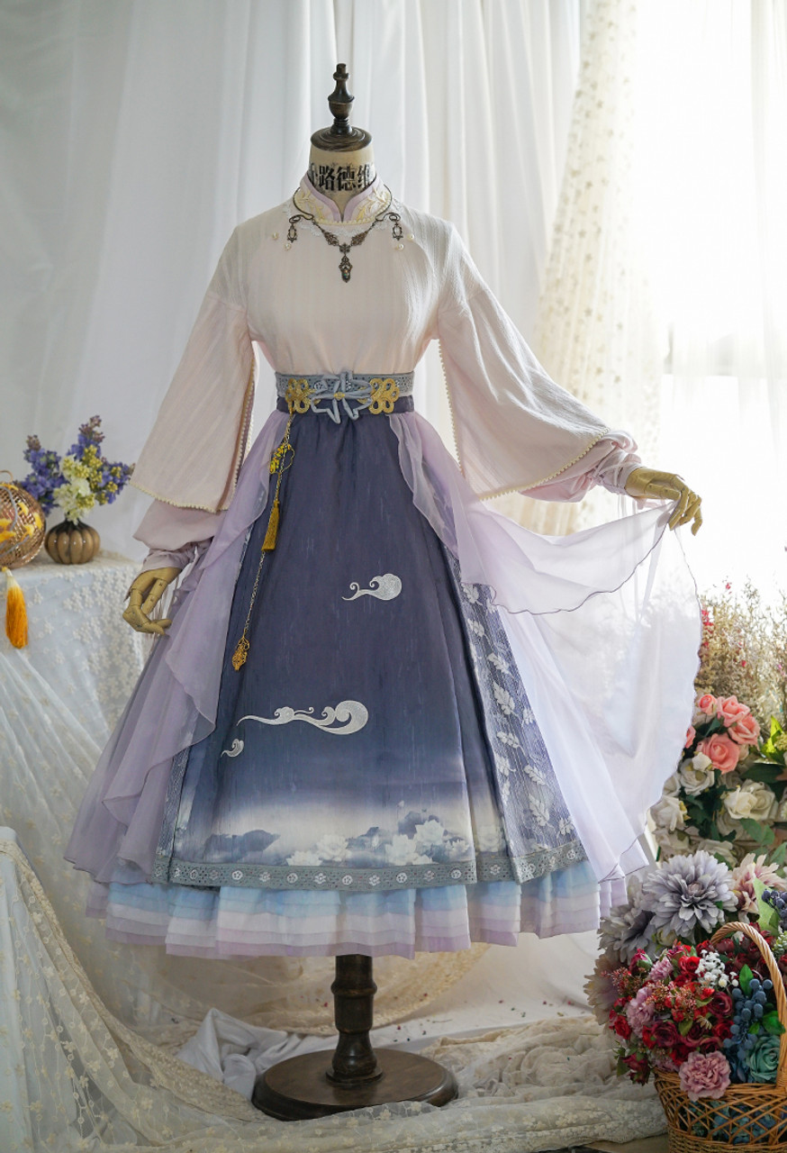 Lotus Campus, New Chinese Fashion Lolita Long Sleeves False 2pcs One-Piece,  Lace Short Cape, Ethereal Skirt Piece & Handmade Beret, Refined 4pcs Dress