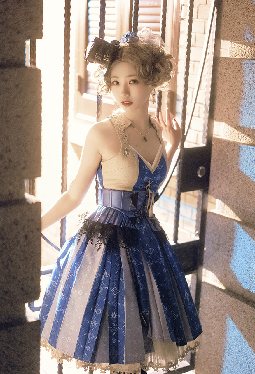 Imaginary Teahouse, Steampunk Wa Lolita Japanese Patterns Sleeveless Color  Blocking Midi Dress Casual Fashion Halter JSK