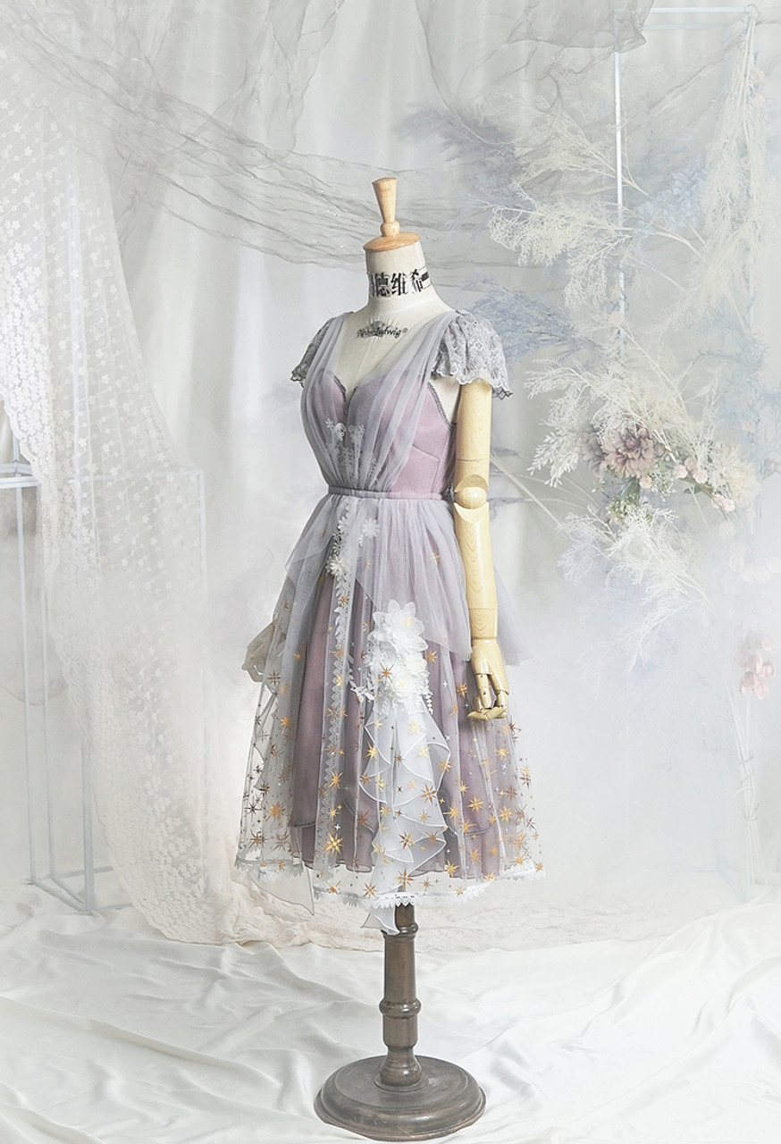 Scarborough Fair, Classic Lolita Fashion Elegant Chic Fairy Multi-Layered  Bottom Midi Dress Refined Short Flutter Sleeves One-Piece*3colors