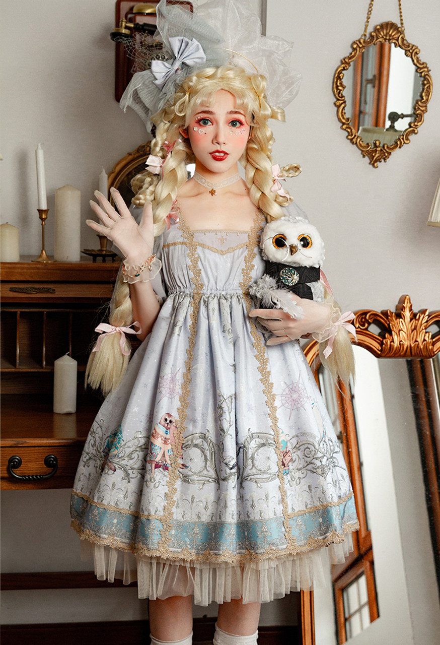 Sorcerers G4 Jr., Sweet Lolita Empire Waist Double-Layered Sleeves Cute Owl  Mages Patterned Midi Dress Casual Summer One-Piece*3colors