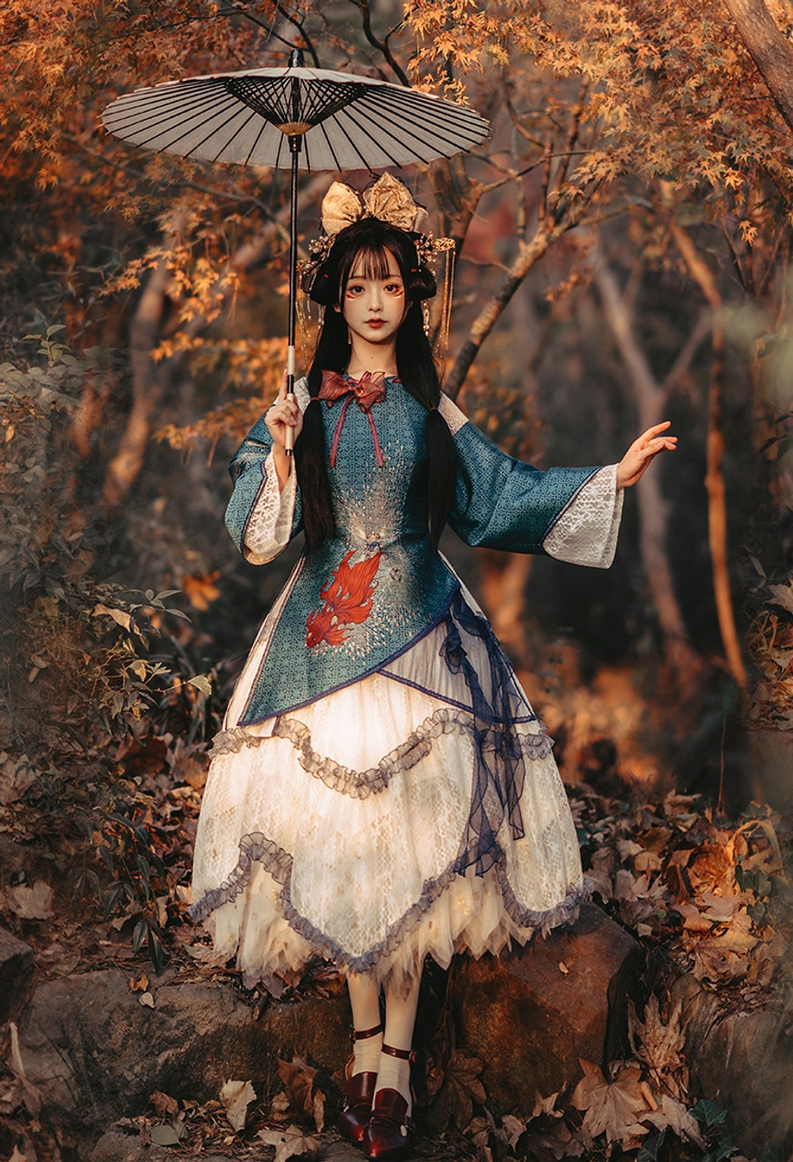 Heng Gong Yu (横公鱼), New Chinese Style Qi Lolita Fashion Chic Long Sleeves  Irregular Bottom Midi Dress & Lace Skirt Set Mythical Fish Pattern 2Pcs