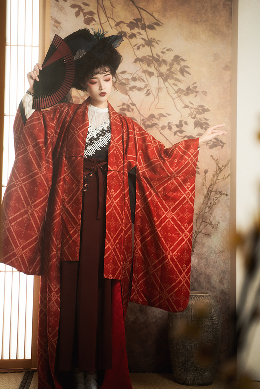 Wa Style Collection, Japanese Fashion Wa Lolita Kimono Style Long Half Coat  Patterned Red Robe