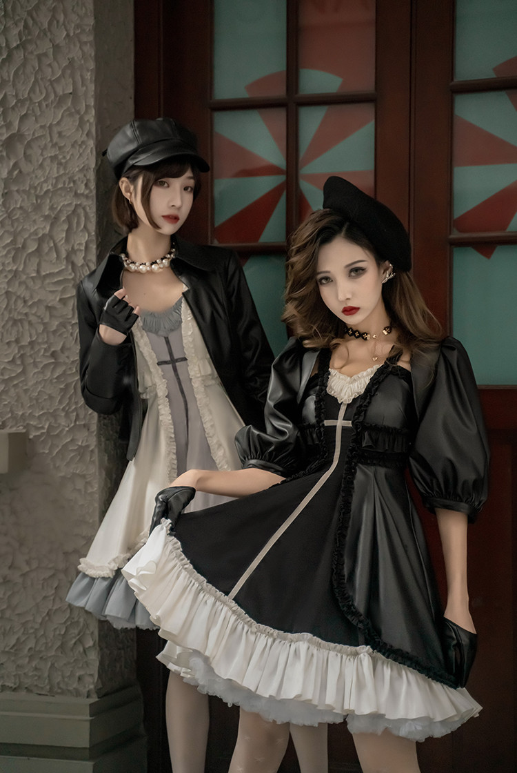 Vetivert, Gothic Rococo Fashion Black Faux Leather Front Open