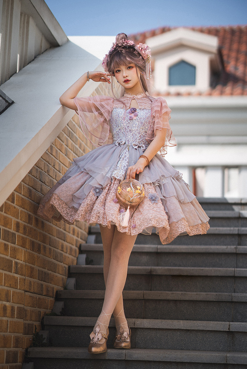 Lotus Campus, New Chinese Fashion Lolita Long Sleeves False 2pcs One-Piece,  Lace Short Cape, Ethereal Skirt Piece & Handmade Beret, Refined 4pcs Dress