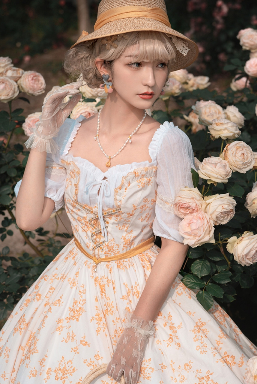 Summer Blossom, Classic Lolita Elegant Square Neckline Floral Cotton Midi  Dress Casual Middle Length Sleeves Summer One Piece