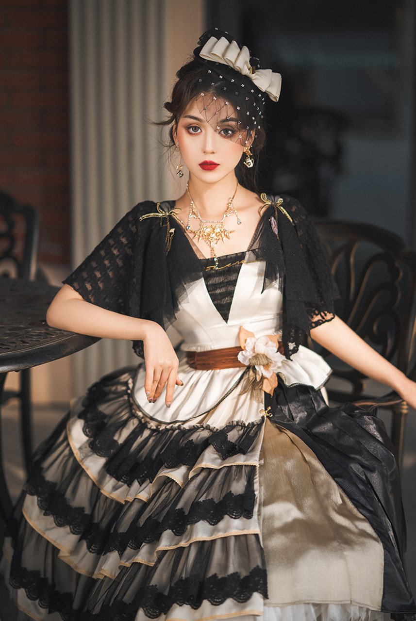 Pinecone Cocktail, Gothic Lolita Fashion Handcherchief Sleeves Blouse &  Color-Blocking Asymmetric Midi Skirt & Waist Belt 3Pcs Outfit Set*3colors