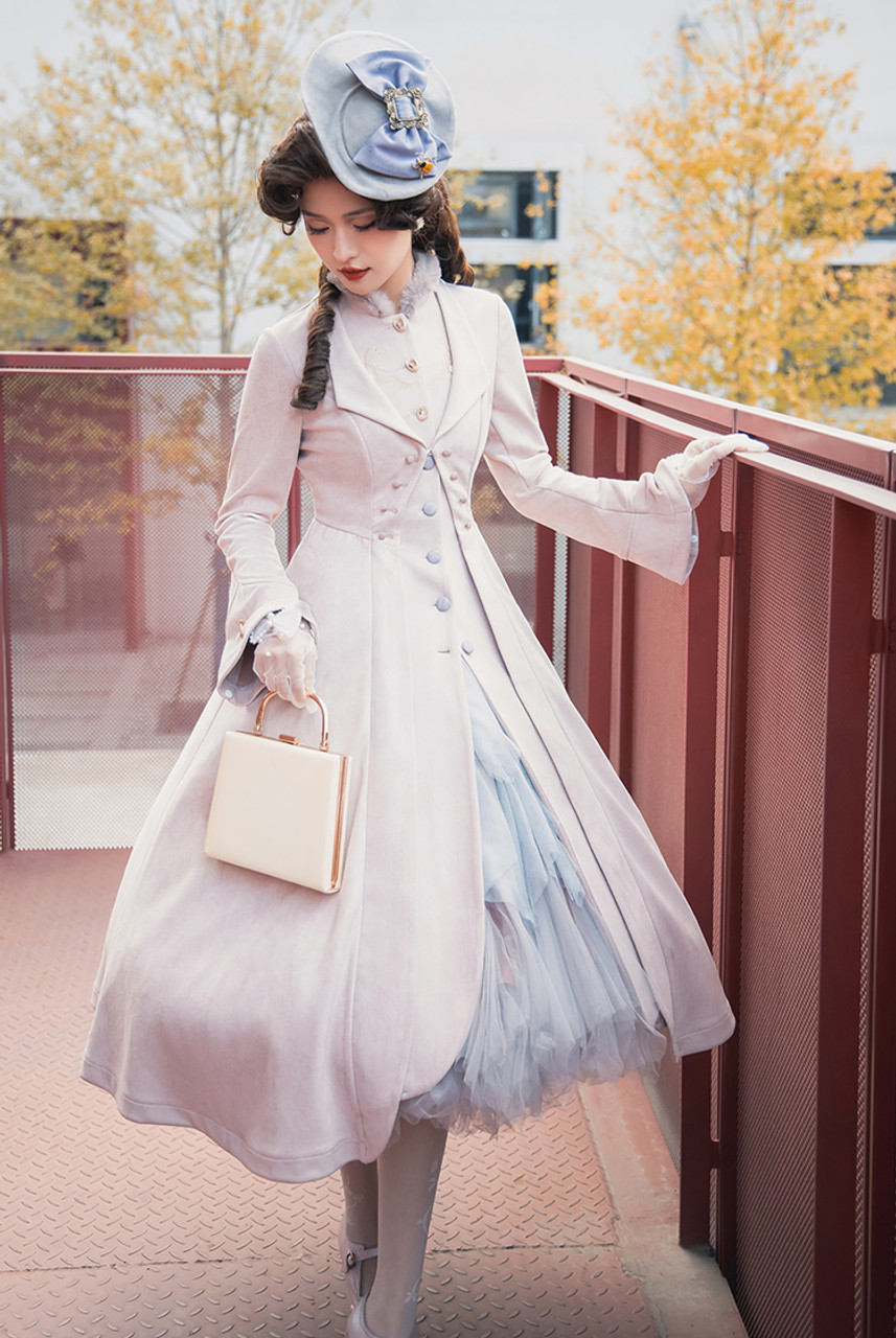 Belle Epoque, Gothic Lolita Elegant Embroidery Light Dress Coat False 2pcs Long Jacket&Faux Fur Collar Piece&Cuffs*4colors