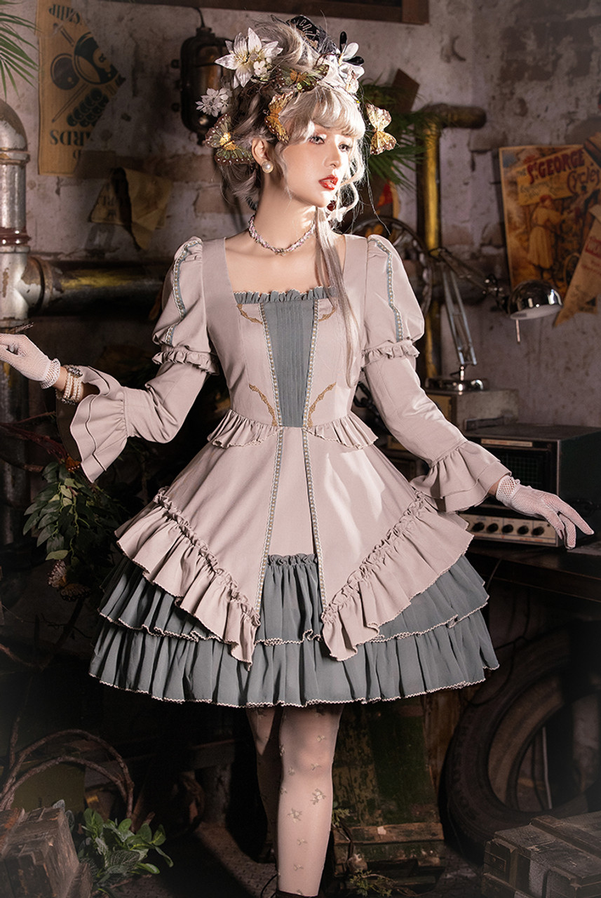 Time Traveler, Steampunk Gothic Fashion 2-Way Sleeves Midi Dress Casual  Short Sleeves Square Neck One-Piece with Detachable Sleeve Pieces*4colors