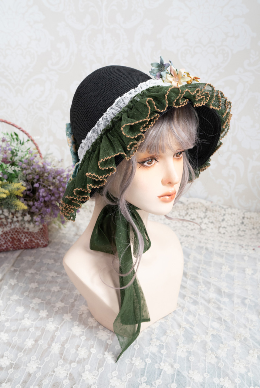 19th Century's Lucy, Elegant Classic Lolita Split Brim Back Handmade Bow Decorated Straw Bonnet*3colors