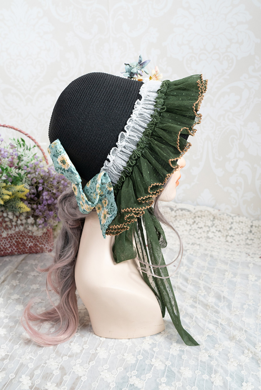 19th Century's Lucy, Elegant Classic Lolita Split Brim Back Handmade Bow Decorated Straw Bonnet*3colors