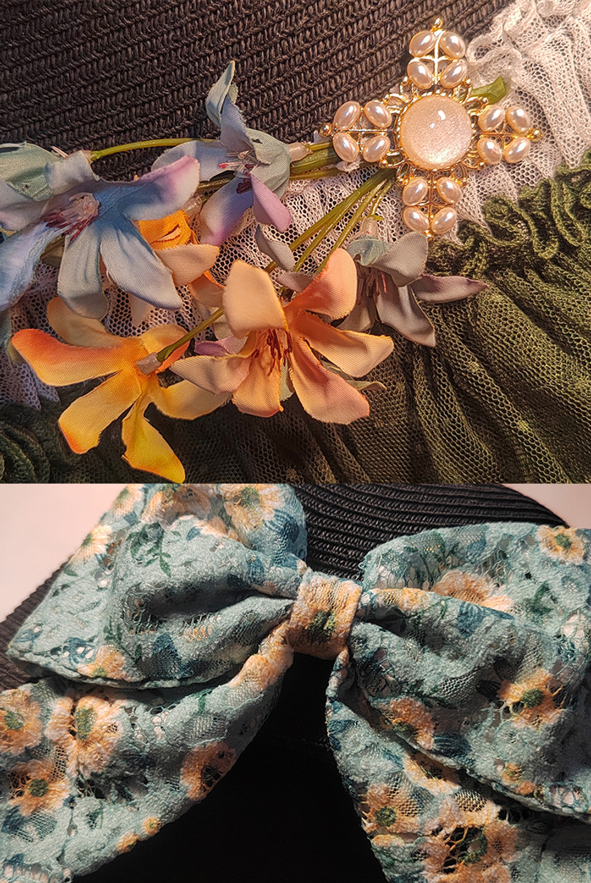 19th Century's Lucy, Elegant Classic Lolita Split Brim Back Handmade Bow Decorated Straw Bonnet*3colors