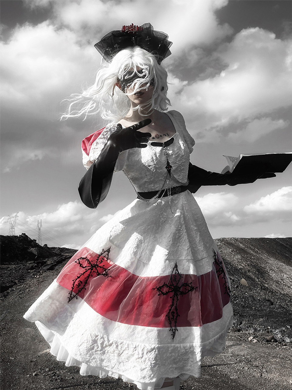 Silent Hill, Gothic Lolita Fashion Short Sleeves Jacquard Midi Dress Casual  Square Neckline Bowknots Back Color Blocking One-Piece*2colors