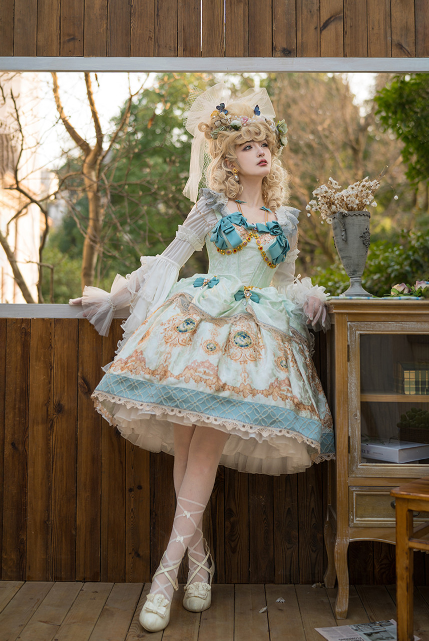 Ten O'clock Cinderella, Elegant Rococo Lolita Fashion Floral Jacquard  Sleeveless Knee Length Dress Princess Boned Bodice JSK/Jumper Skirt*3colors