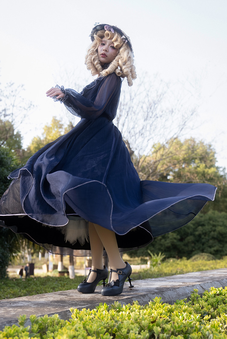 Porcelain Garden, Elegant Classic Lolita Long Sleeves Deep V Neck