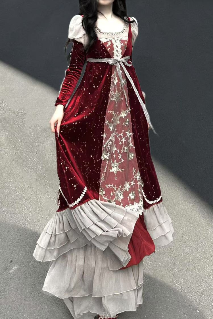 Hollow Crown, Elegant Gothic Fashion Refined Retro Empire Waist Deluxe Regency Maxi Dress Vintage Long Sleeves Starry Velvet One-Piece & Sleevelets