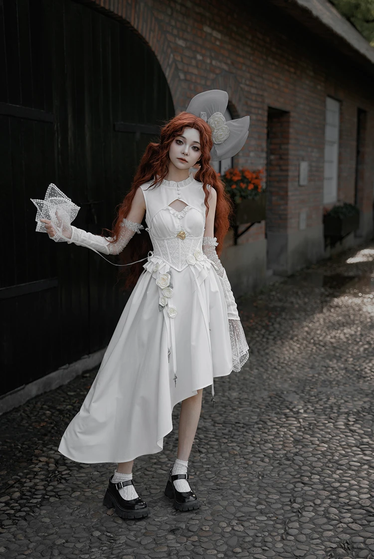 white gothic dress Covariation Lace, Elegant Fashion No Sleeve Keyhole Midi V Neck Back Bias Bottom One Piece Color:Storm Cloud Easy & Elegant Bunny sku:4810 Gloomth Theres no need to