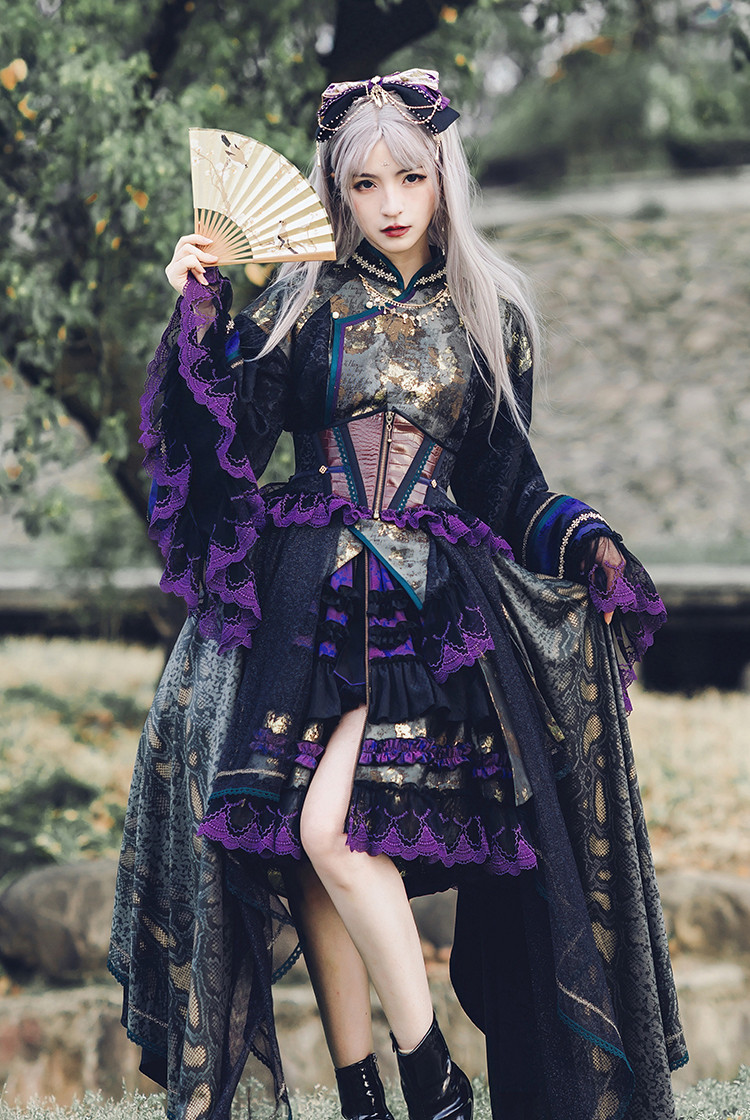 corset dress in chinese Sleeping Fox, Chic New Chinese Fashion Steel Boned Underbust Corset Top with Irremovable Tiered Skirt Pieces and Detachable Tulle Cape Piece 2Pcs Set*