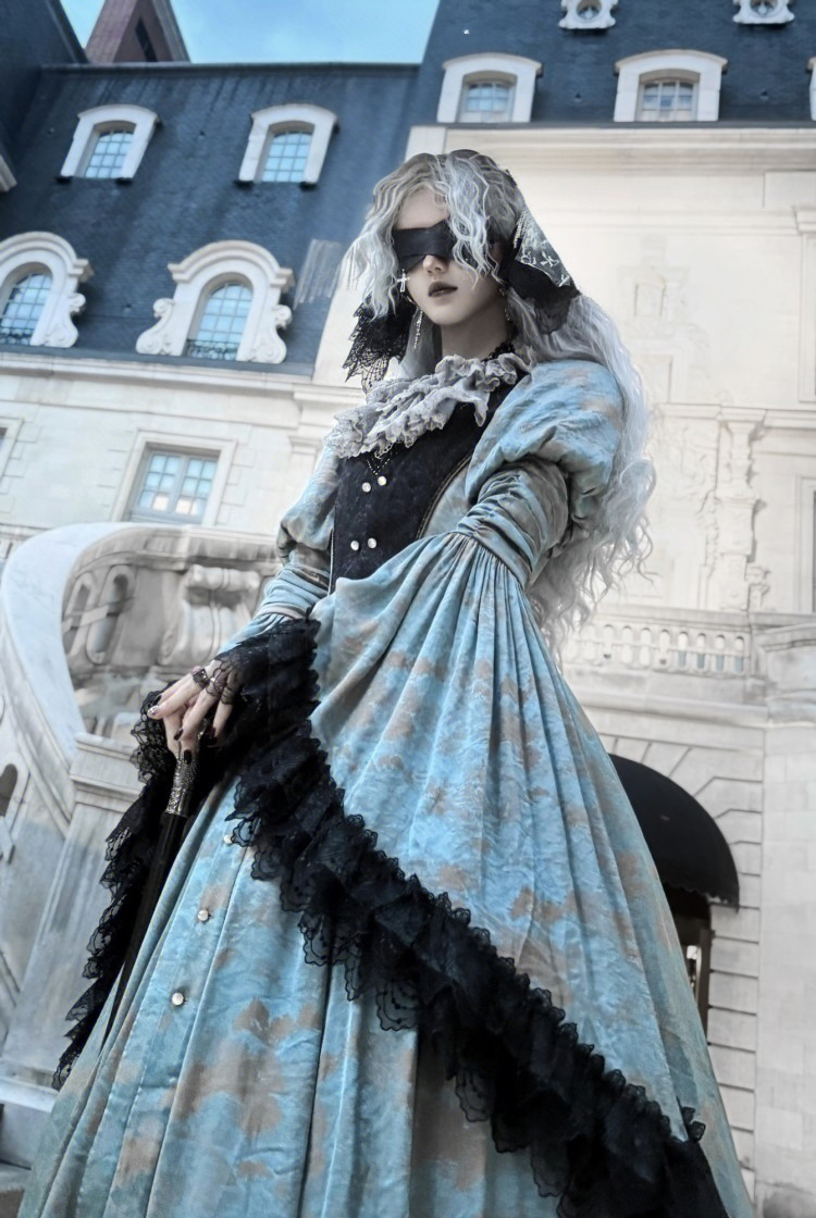 Pentiment of Tudor, Elegant Gothic Medieval Retro Fashion Middle Ages Style  Puff Long Sleeves Hime Cuffs Color Block Jacquard Long Dress with Waist Belt