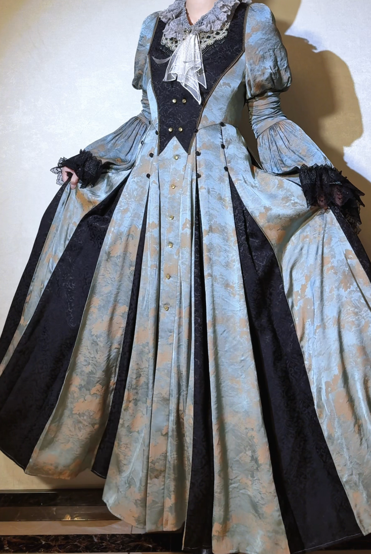 Pentiment of Tudor, Elegant Gothic Medieval Retro Fashion Middle Ages Style  Puff Long Sleeves Hime Cuffs Color Block Jacquard Long Dress with Waist Belt