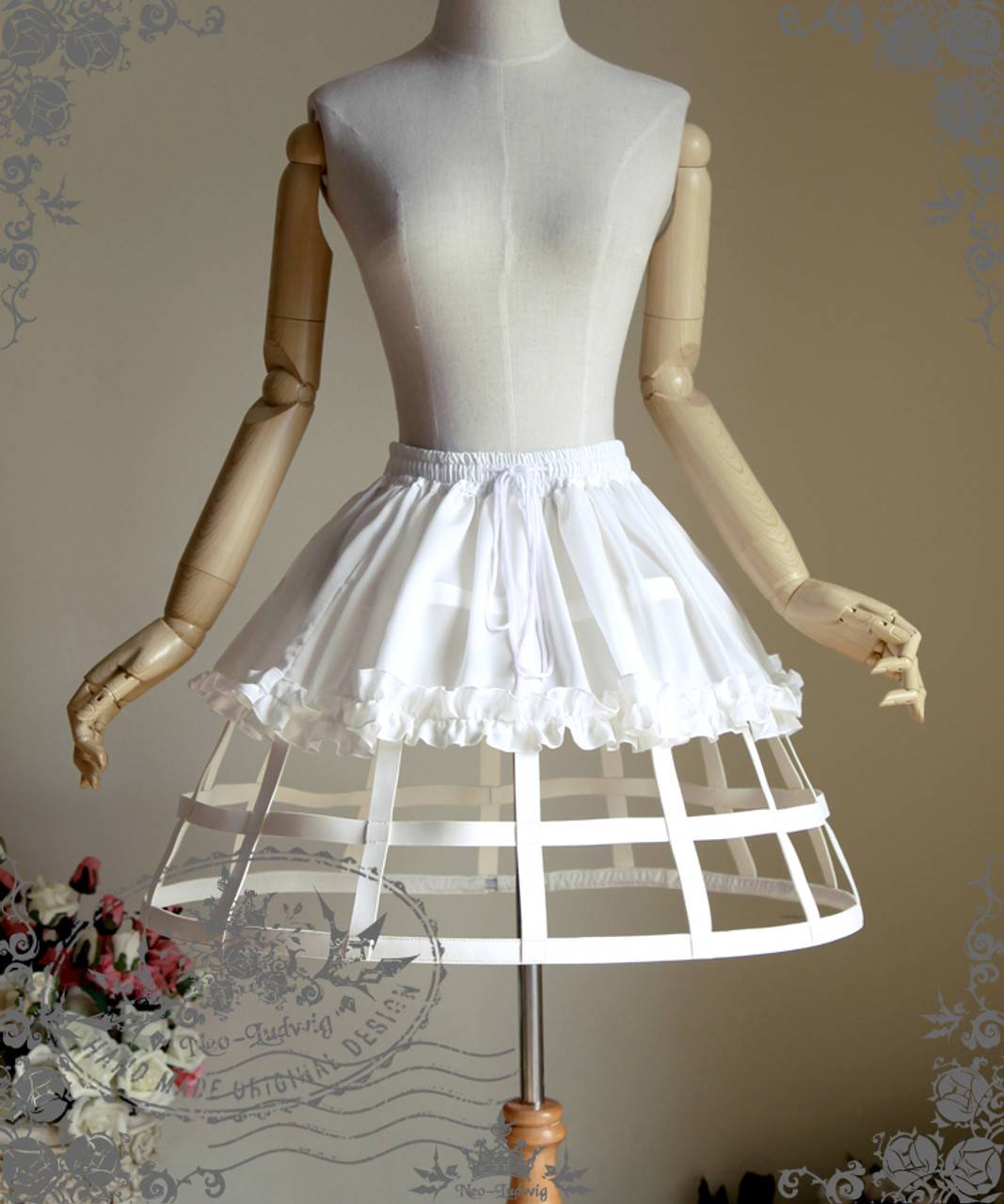 Steampunk Crinoline Midi Skirt Petticoat Cage Skirt Hoop Skirt Black White