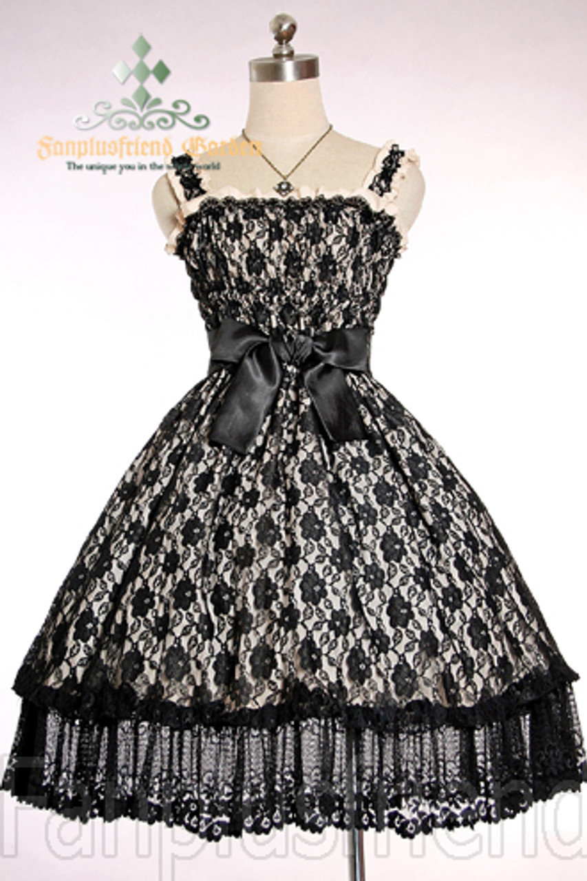 Elegant Gothic Lolita Shirring Bodice Cotton&Lace Double Layer Dress