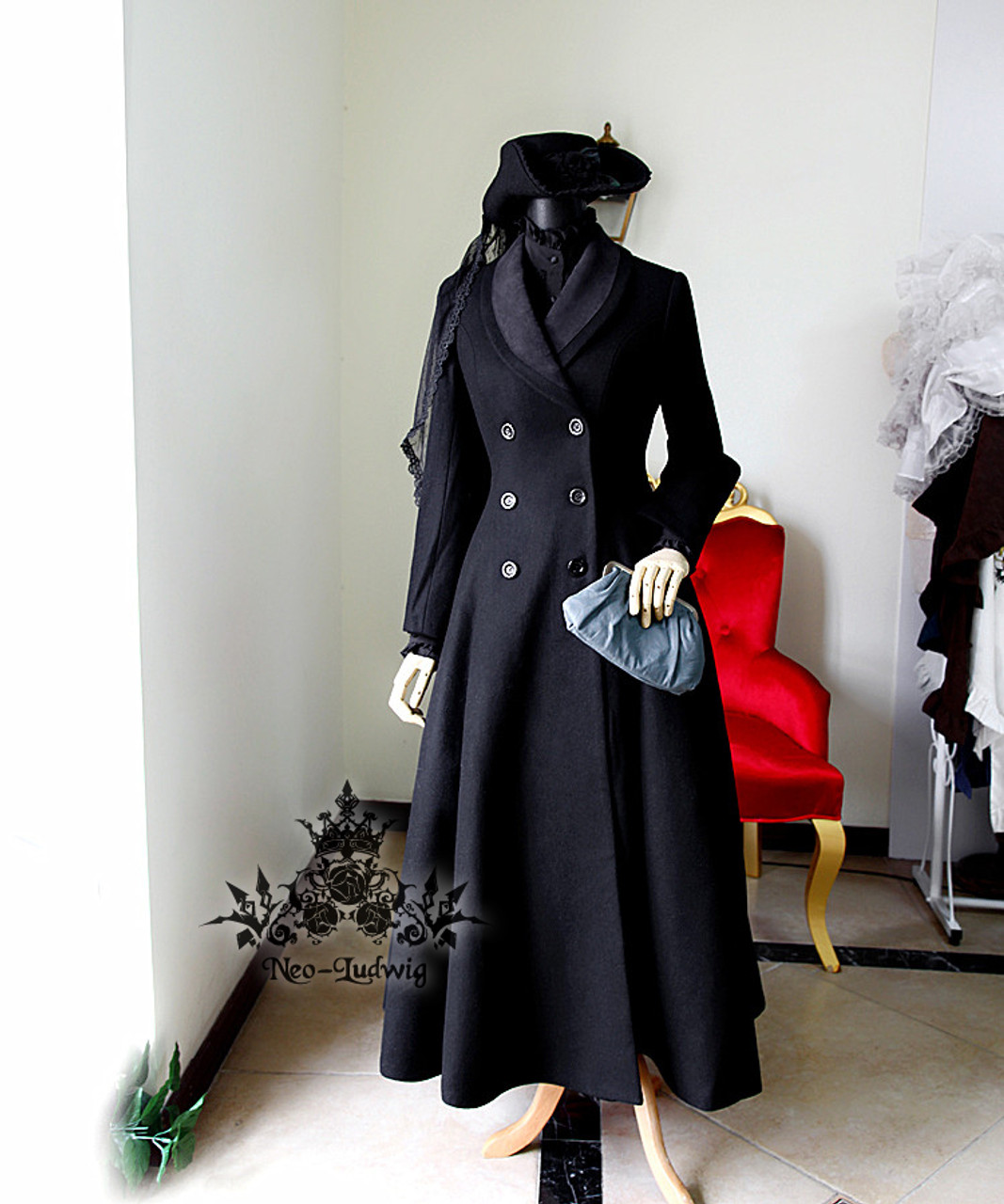 Elegant Gothic Aristocrat Wide Skirt Bottom Slim Waist Long Thick Wool Coat