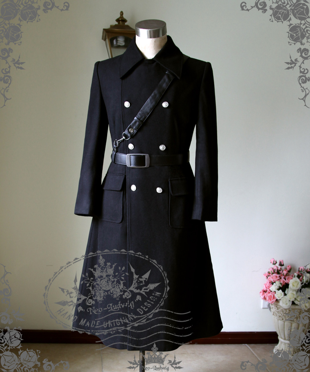 Man Military Gothic Thick Wool Double Breasted Mid-Calf Coat Long Trench