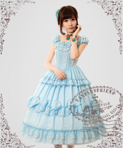 SOLD OUT: Chiffon Lover, Classic Lolita Square Collar High Waist Tiered Circle Bottom OP/Dress & Bow*4colors
