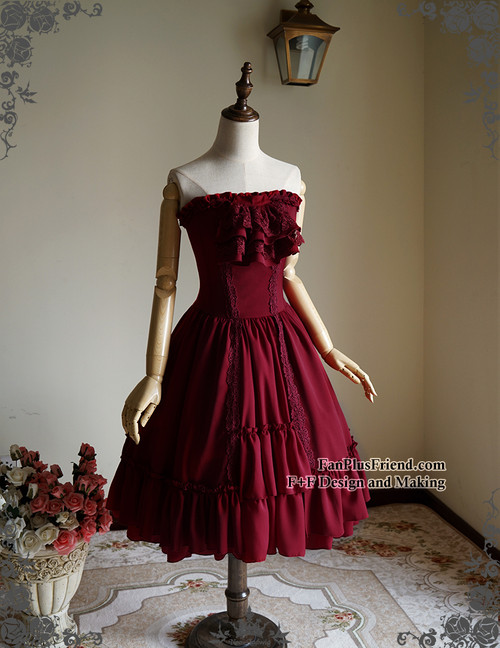 Vintage Corset Dress Strapless Dress Jabot Cravat Corsage Set Burgundy