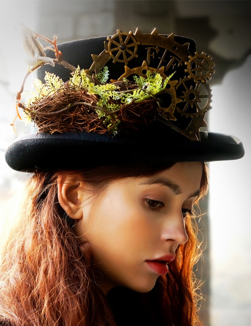 SOLD OUT: Steel Rose, Steampunk Wedding Dandy Bird Nest & Gear Deco Top Hat