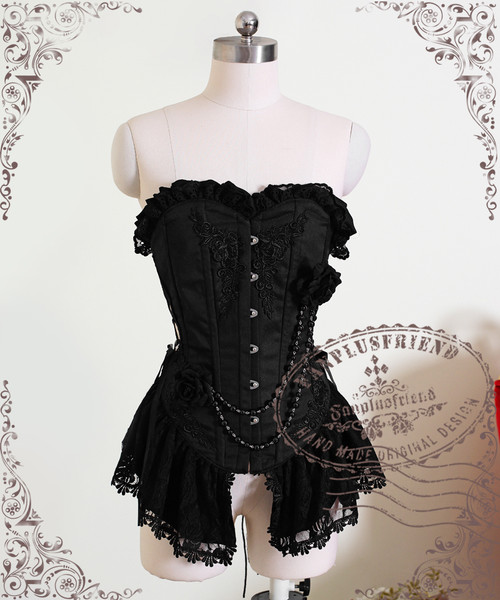 New Romantic, Rococo Lolita Victorian Steel Boned Black Corset Pelplum Top Corset Top and Handmade Brooch