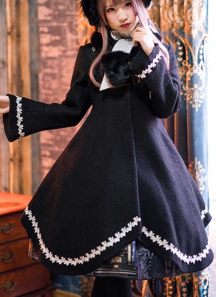 Lolita Fashion Wool Coat Petal Midi Winter Coat and Fur Scarf
