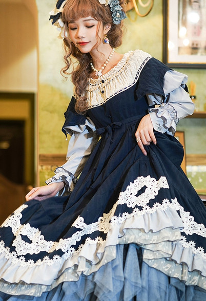 April, Classic Lolita Elegant False 2pcs Long Sleeves Cotton Midi Dress ...