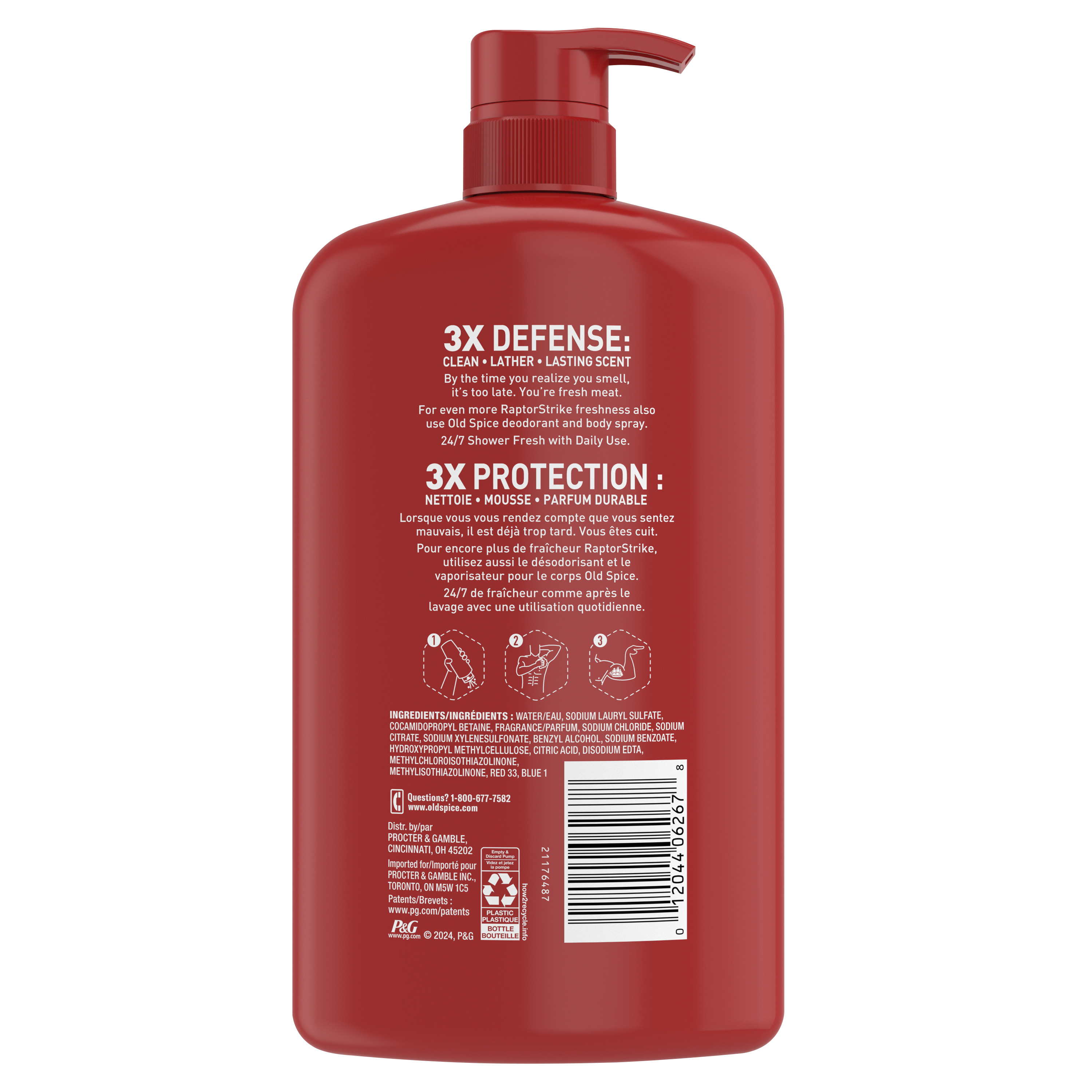 Old Spice Body Wash for Men, 24/7 Shower Clean, Raptorstrike, 33.4 Oz back side