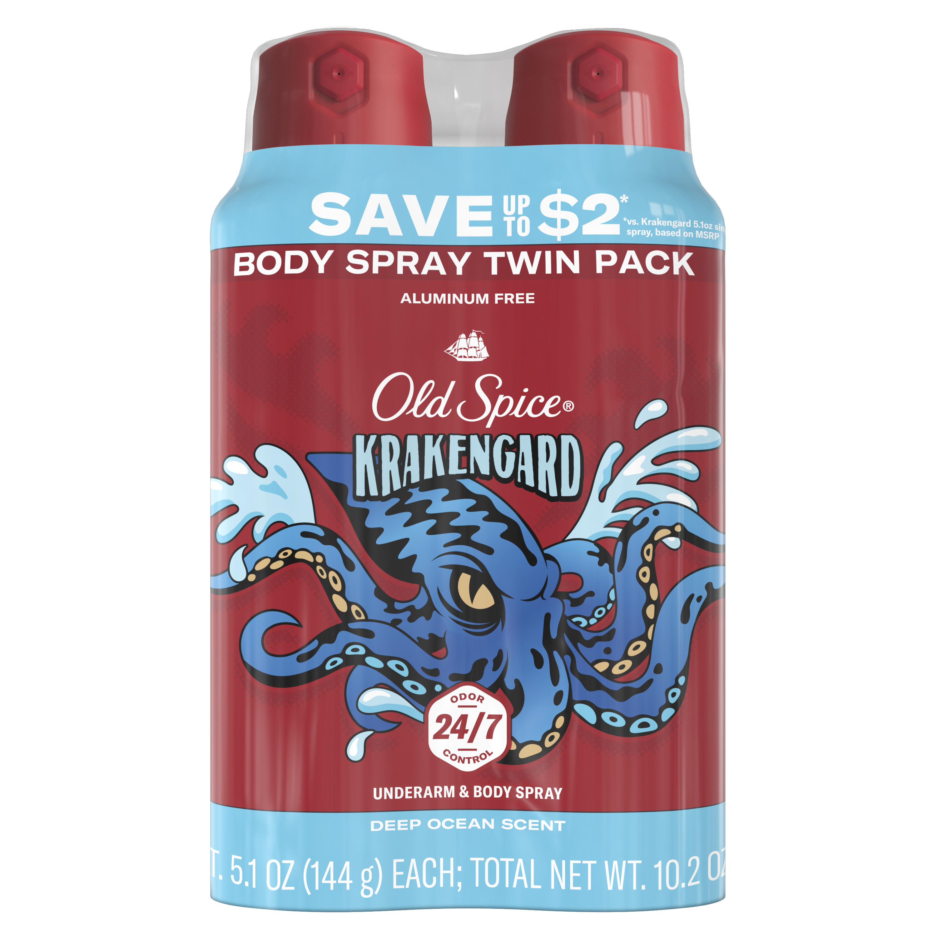 Old Spice Body Spray Deodorant, 24/7 Freshness, Krakengard, Twin Pk, 2 x 5.1oz
