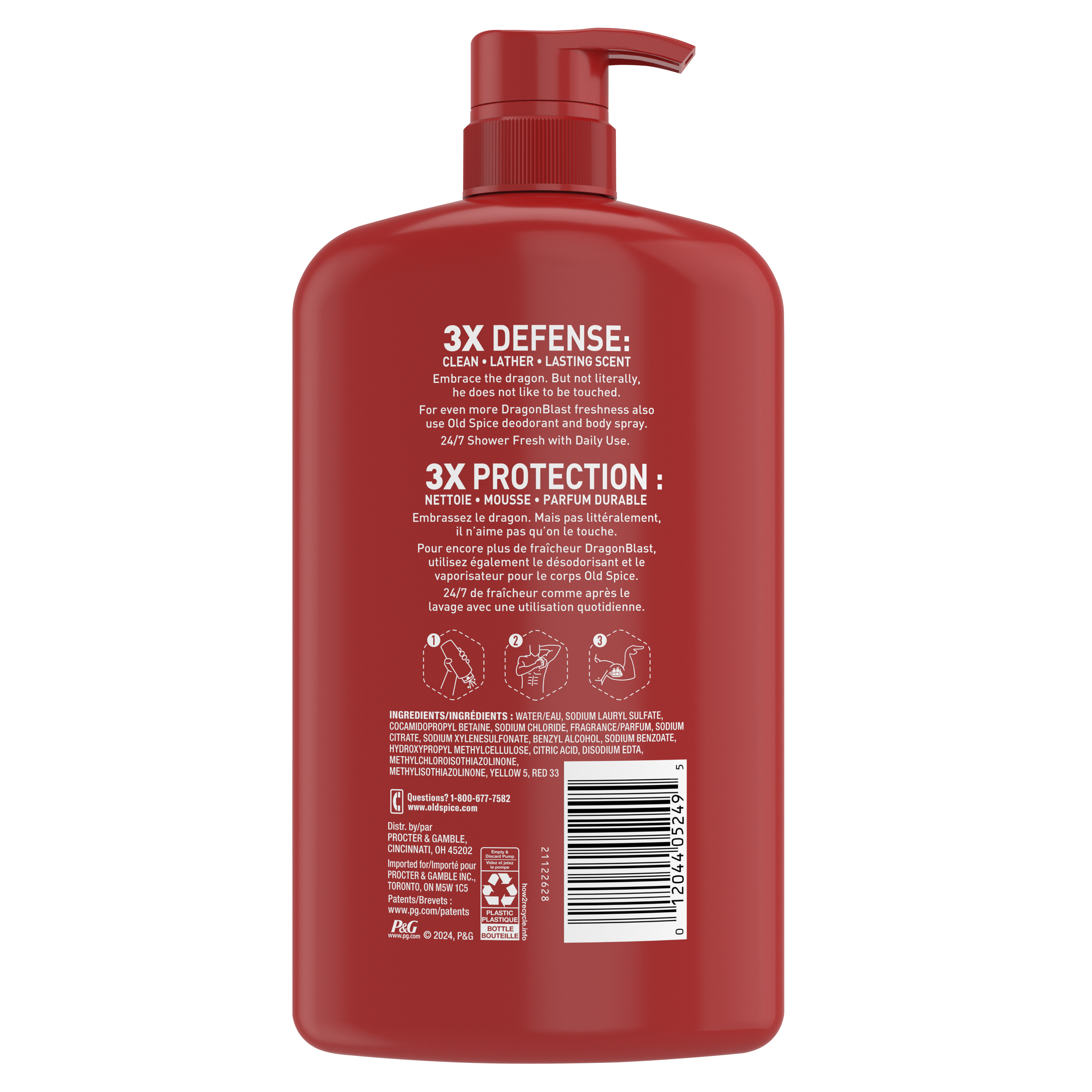 Old Spice Body Wash for Men, 24/7 Shower Clean, Dragonblast, 33.4 Oz back side