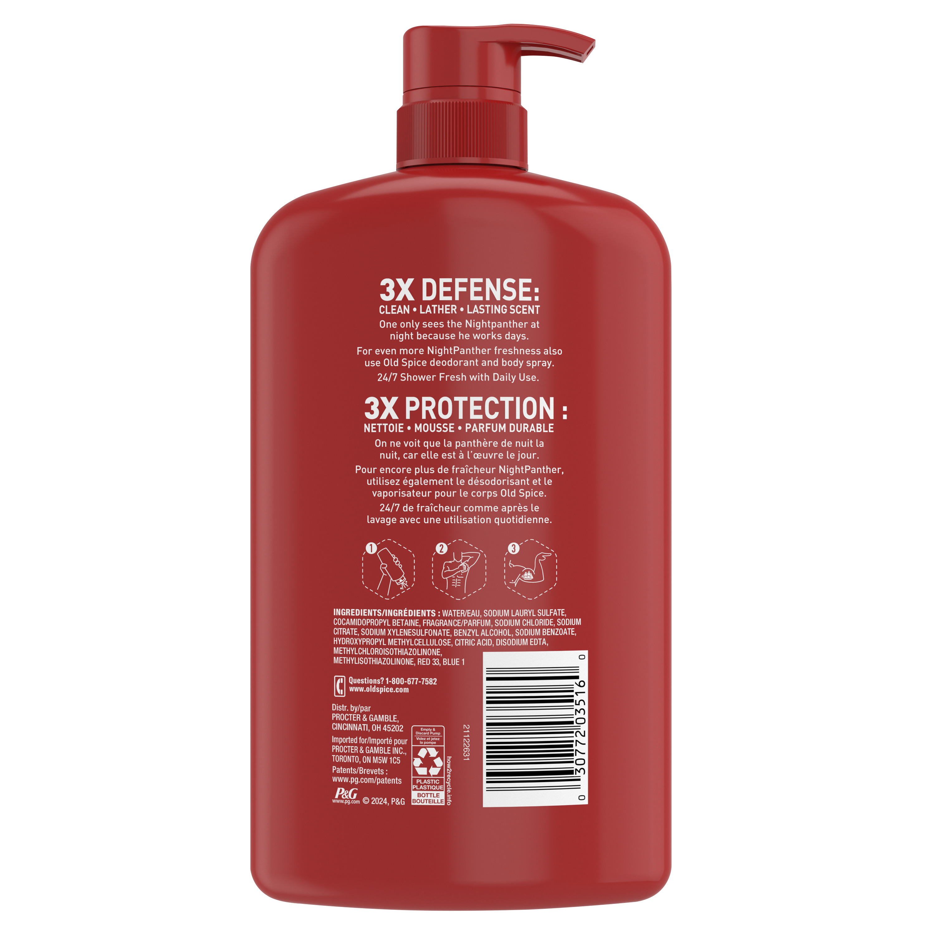 Old Spice Body Wash for Men, 24/7 Shower Clean, Nightpanther, 33.4 Oz back side