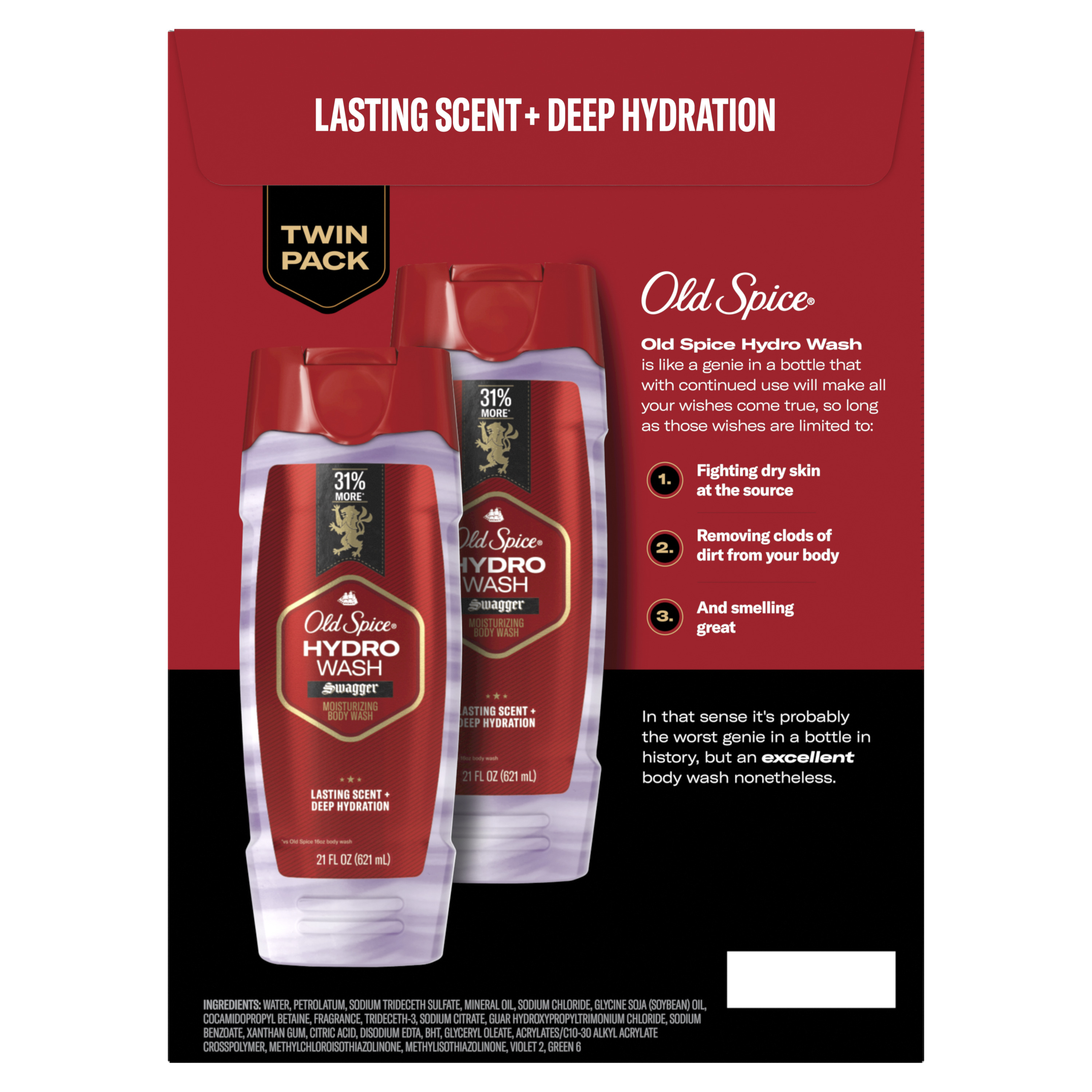 Old Spice Body Wash for Men Moisturizing Hydro Wash, Swagger Scent, 21 Oz, Twin Pack
back