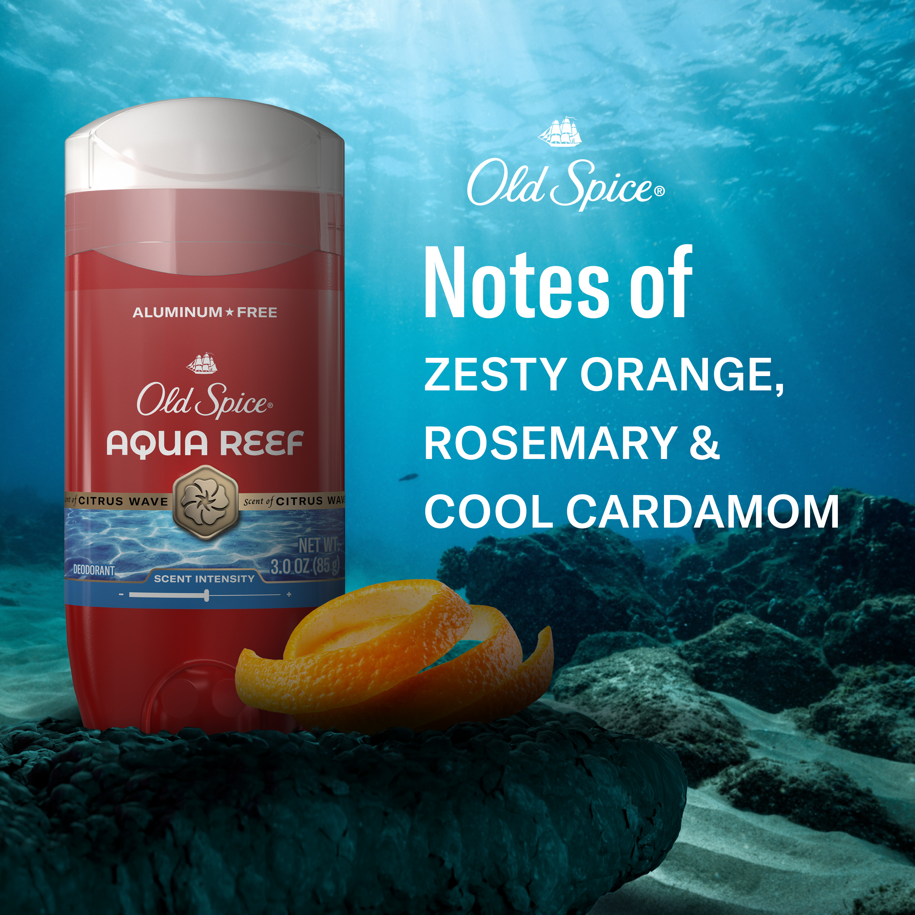 Aqua Reef deodorant. Zesty orange, rosemary and cool cardamom