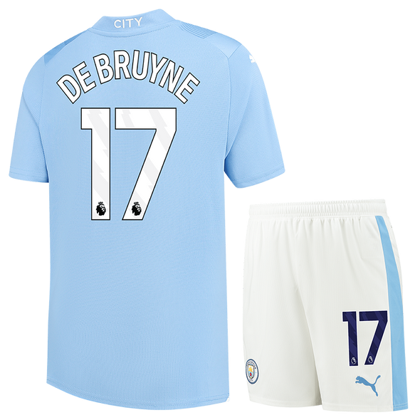 DE BRUYNE #17 Manchester City 23/24 Kid's Home Shirt and Shorts - PL Font